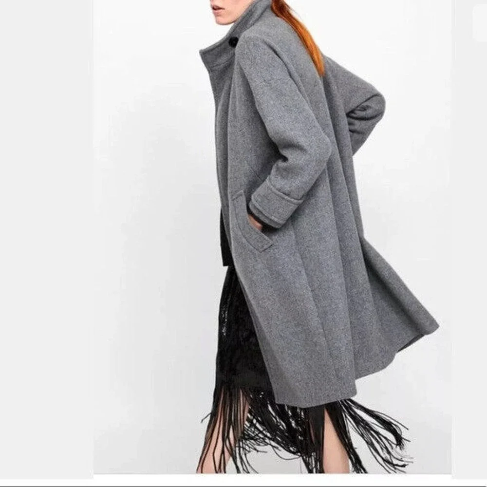 Zara Basic Asymmetric Button Coat Wool Blend Gray Women's Size XL - Picture 8 of 10